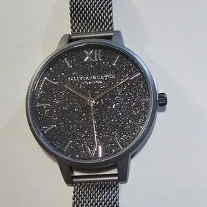 OLIVIA BURTON GUNMETAL GLITTER WATCH WITH 34mm SPARKLIE FACE & MESH BRACELET